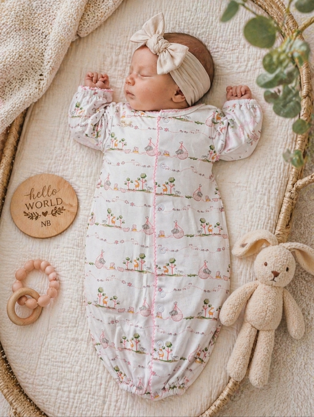 🌸 Kissy Kissy NB Pima Cotton Baby Gown – Sweet Safari Print 🌸